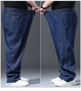 Detailed side view showing the extra loose waist of plus size men's denim jeans