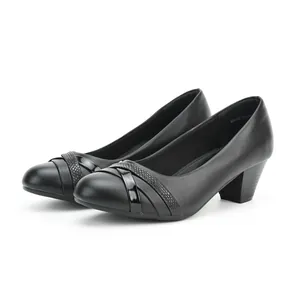 Women Block Heel Pumps PU Leather Office Dress Shoes Middle Heel Pointed Round Toe Slip On Work Shoes Ladies Casual Professional Pumps