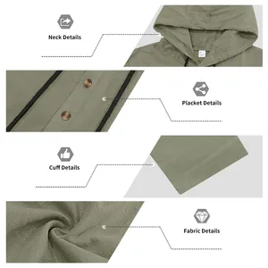 Close-up details of men's linen suit showing hood, buttons, cuffs, and breathable fabric
