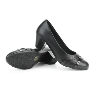 Classic black women's pointed pumps featuring block mid-heels and textured decorative toe strap