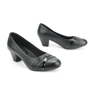 Elegant black women's pumps with comfortable mid-block heels and textured cross-strap details.