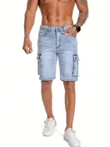 Pantaloncini di Denim Cargo da Uomo con Tasche Multiple Celeste Lavato Cotone Elastico Bermuda Casual da Lavoro Estivi