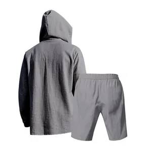 Detailed back view of gray loose linen men's hooded long sleeve and shorts set
