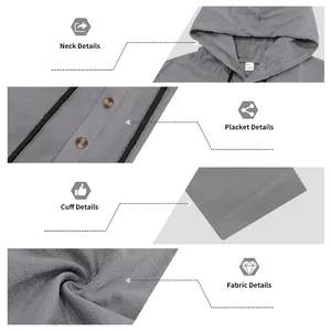 Detailed close-ups showing neck, placket, cuff and breathable linen fabric of men's lounge set