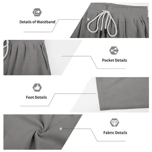 Detailed views of grey corduroy pants showing waistband, pocket, fabric, and hem.