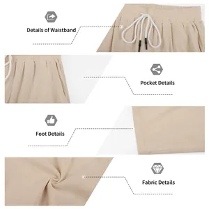 Detailed close-ups of men's beige corduroy pants showing waistband, pockets, and texture.