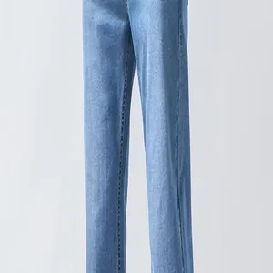 Close-up of men's light blue straight leg denim jeans showing classic fabric texture