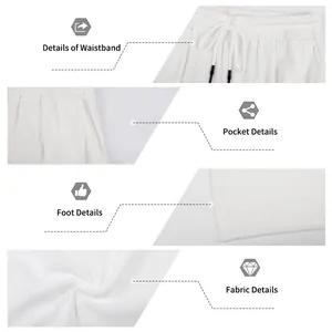 Detailed views of white men's corduroy trousers showing waistband, pocket, and fabric.