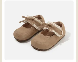 Toddler baby girl brown suede Mary Jane shoes with delicate lace trim and bow detail
