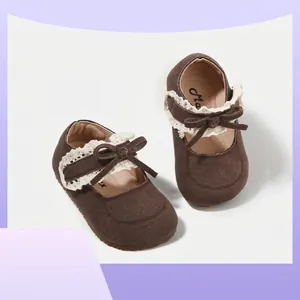 Baby Girl Princess Pre-walker Shoes Suede Soft Sole Anti-slip Bow Mary Jane Flats With Lace Trim Spring Fashion Toddler Shoes