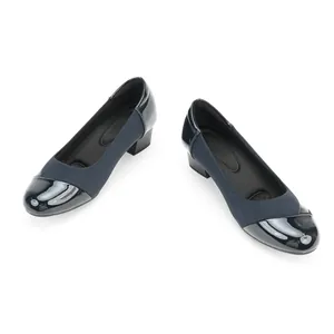 Navy blue and black patent leather women's mid block heel pointed toe slip-on work shoes