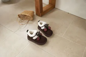 Cozy brown children's snow boots with plush lining and cute cherry decoration detail
