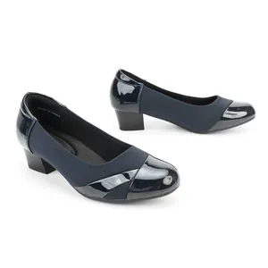 Elegant women's navy blue mid block heel pumps slip-on work shoes in patent leather