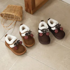 French Style Girls Snow Boots 2026 Winter New Korean Thick Sole Cherry Bow Faux Fur Suede Lining Warm Kids Shoes