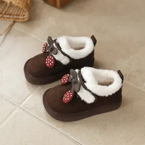 Girls' brown winter snow boots with cute cherry decor and warm thick plush lining.