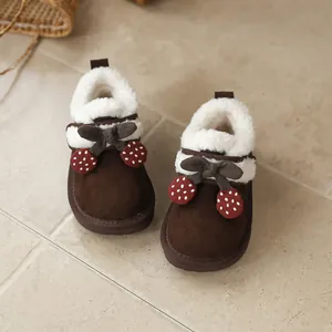 Cute girls' brown snow boots with cherry accents and warm white fleece lining