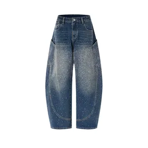 Amerikaanse Retro Blauwe Jeans Voor Heren Dames Hot-Fix Strasssteentjes Sterrenhemel Losse Wijde Pijpen Bananenbroek Denim