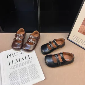 Scarpe Mary Jane Vintage per Bambina Punta Tonda in Pelle Microfibra Doppio Velcro Antiscivolo Piatte Scarpe da Principessa