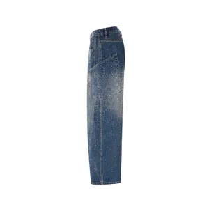 Vintage blauwe jeans met wijde pijpen, strass-sterrenpatroon en grote cargozakken