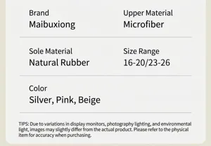 Tabla de especificaciones detalladas para zapatos de bebé con materiales y tallas
