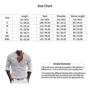 Detailed size chart for men's long sleeve horizontal striped Henley shirt with measurements.