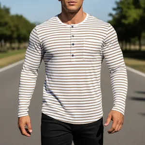 Close-up of men's long sleeve striped Henley shirt with buttons and chest pocket