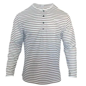 Detailed view of men's casual long-sleeve striped Henley shirt with chest pocket