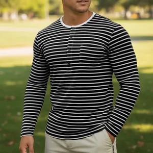 Close-up of a men's long-sleeve Henley shirt with black and white horizontal stripes