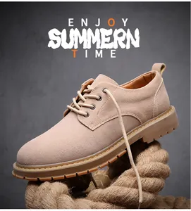 Close-up of beige suede casual men's derby shoe on rustic rope background
