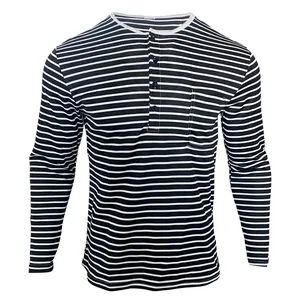 Detailed view of men's casual long-sleeve Henley shirt with black and white stripes