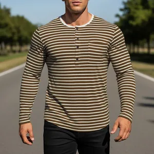Close-up of men's long sleeve horizontal striped Henley shirt with chest pocket