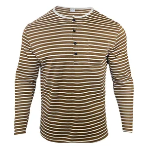 Men's brown and white horizontal striped long-sleeve Henley shirt with chest pocket