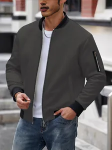 Men's charcoal grey waffle knit zip-up jacket with stand collar and arm pocket