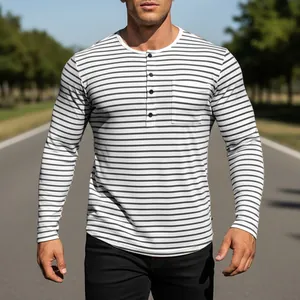 Men's striped long sleeve Henley T-shirt with pocket, slim fit outdoor casual style