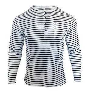 Front view detail of a men's long-sleeve Henley shirt featuring classic black and white stripes