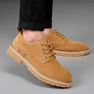 Men British Style Suede Leather Casual Shoes Retro Round Toe Lace Up Work Shoes Anti Slip Tendon Sole Low Top Fashion Shoes