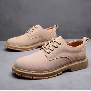 Classic men's tan suede casual derby shoes with durable gum rubber sole work style