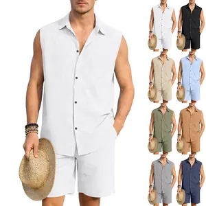 Leinen-Set für Herren in verschiedenen Farben, ärmelloses Hemd und kurze Hose