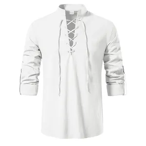 Chemise d'homme en coton lin blanc avec col montant et détail de laçage rétro