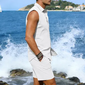 Lässiges weißes Leinen-Strandset für Herren mit ärmellosem Hemd und Shorts für den Sommer