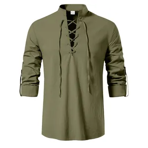 Chemise homme médiévale vintage en coton et lin avec laçage et col officier élégant