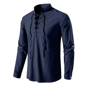 Chemise à lacets en coton lin rétro médiéval bleu marine pour hommes vue détaillée view