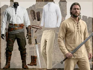 Vue détaillée de l'ensemble chemise et pantalon médiéval en lin avec accessoires.