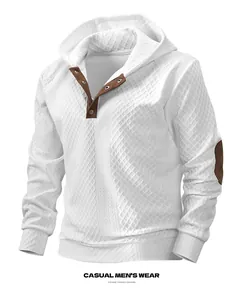 Men's white textured hoodie with jacquard pattern and brown button placket detail.