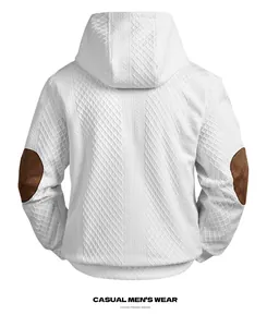Detailed back view of men's white jacquard hoodie with elbow patches