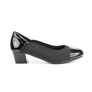 Side view of black block heel pump with mixed matte and patent leather textures