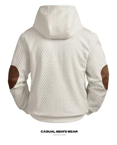Detailed back view of a white men's jacquard hooded sweatshirt with brown elbow patches.