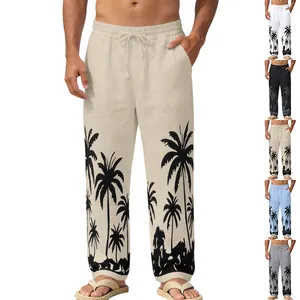 Men's loose Hawaiian palm tree print linen pants shown in multiple color options.
