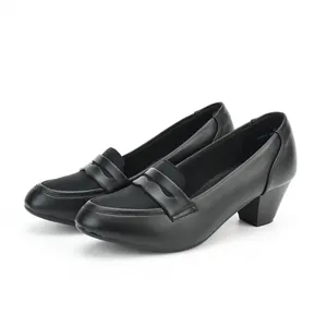 Talons Hauts Carrés pour Femmes Bout Rond Professionnel Bureau Travail Escarpins Style Loafer Couleur Unie Chaussures PU