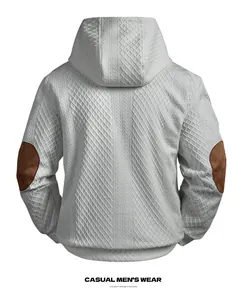 Back view of men's grey jacquard hoodie with brown suede elbow patches
